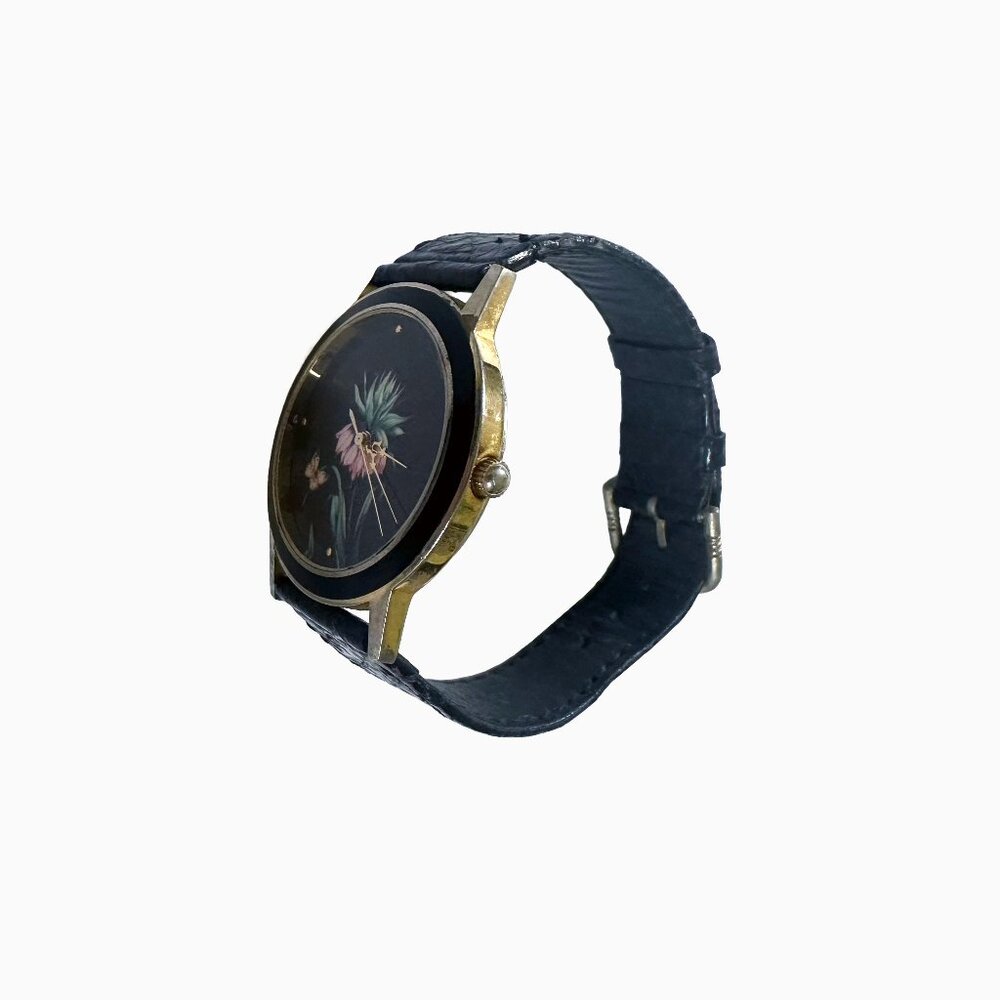 Vintage Harley's Black Lotus Watch Floral Leather Gold Tone Stylish Classic Rare